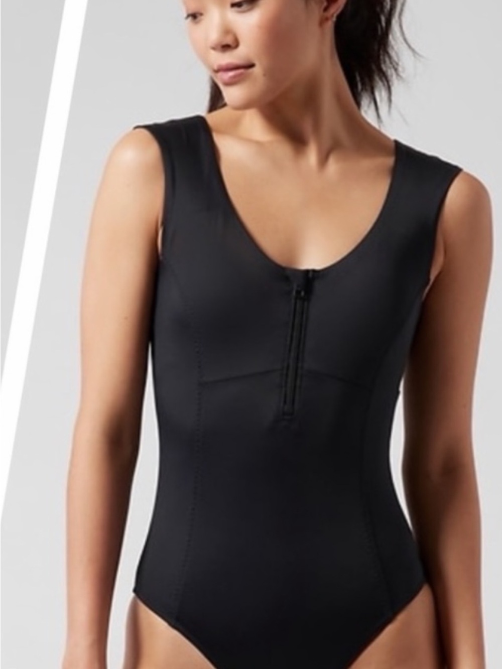 Athleta Black Front-Zip Sleeveless Bodysuit